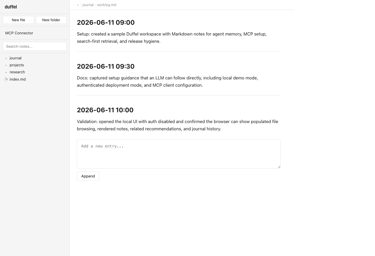 Duffel journal view with timestamped worklog entries and an append box