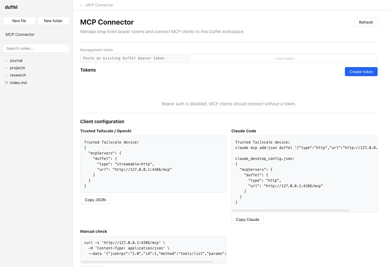 Duffel MCP connector page with bearer token management and client configuration snippets