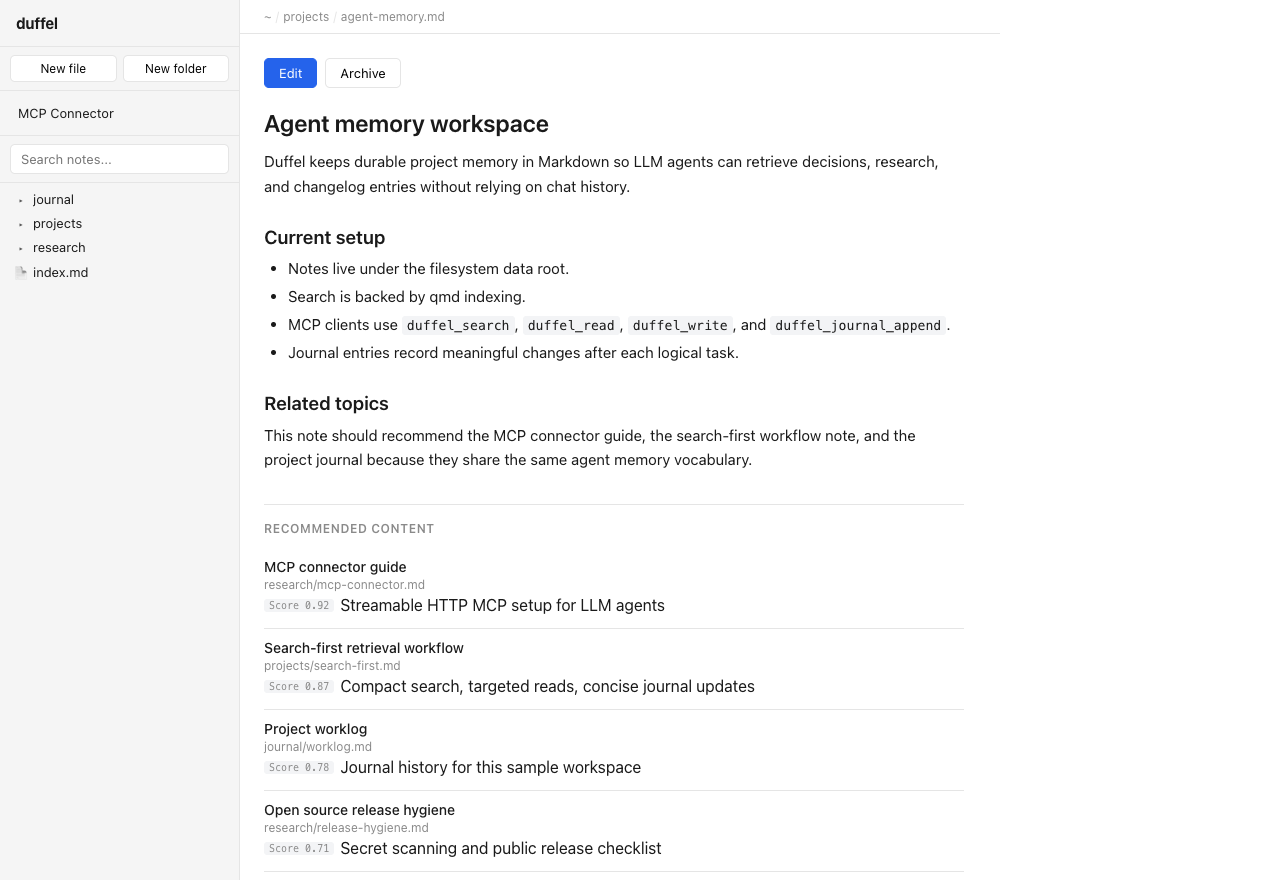Duffel note view with related recommended content